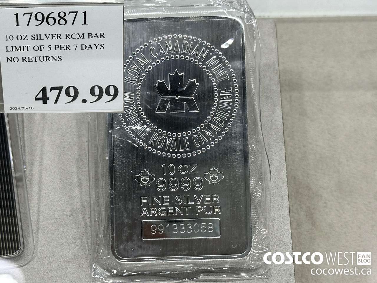 1796871 10 OZ SILVER RCM BAR LIMIT OF 5 PER 7 DAYS NO RETURNS  $479.99