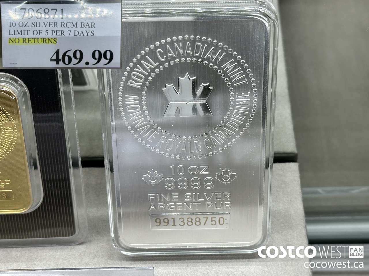 1796871 10 OZ SILVER RCM BAR LIMIT OF 5 PER 7 DAYS NO RETURNS  $469.99