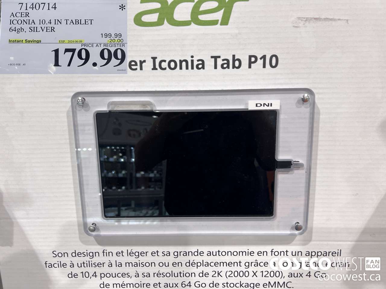 7140714 ACER ICONIA 10.4 IN TABLET 64GB SILVER ($20.00 INSTANT SAVINGS EXPIRES ON 2024-06-09) $179.99