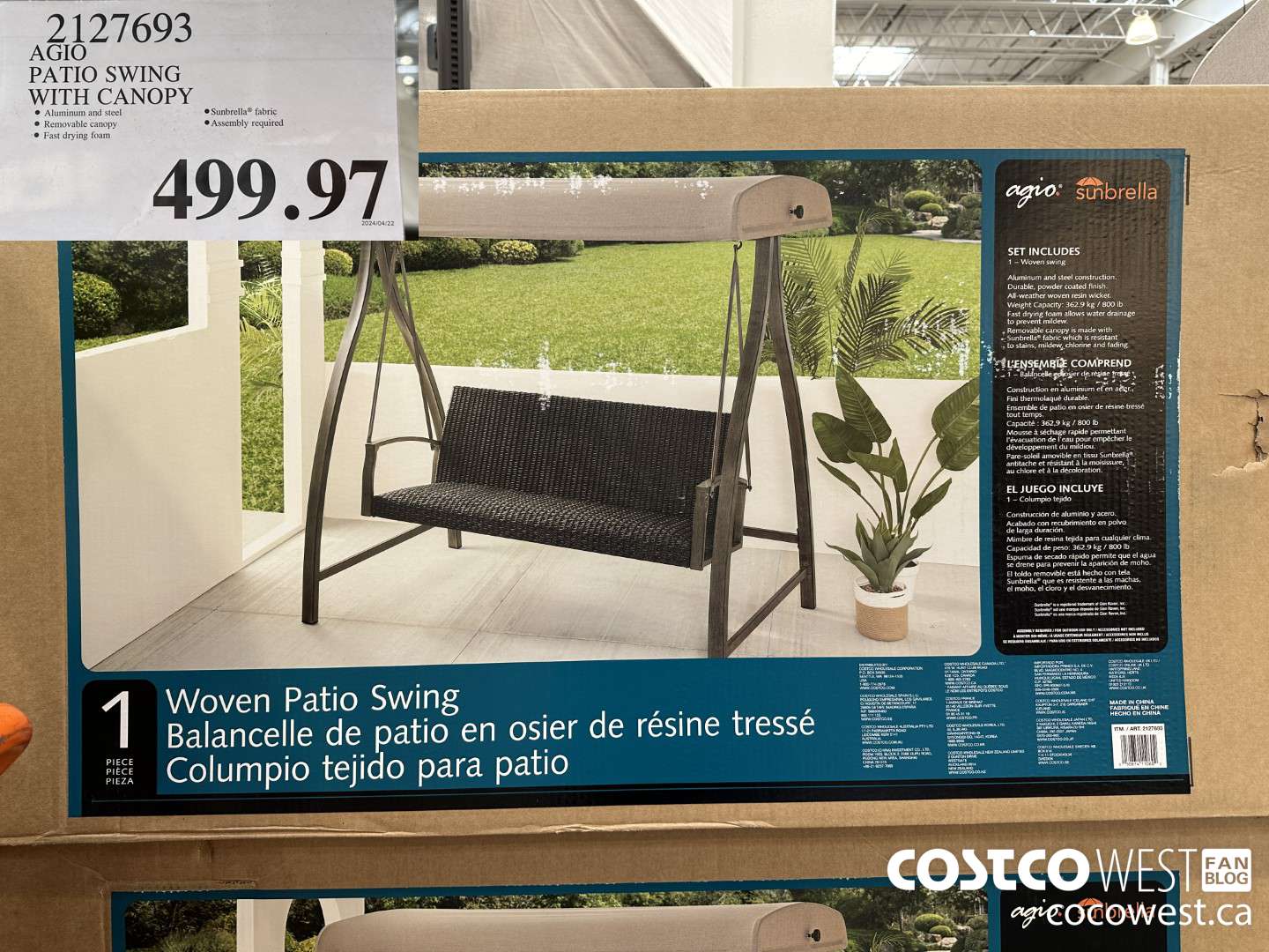 2127693 AGIO PATIO SWING WITH CANOPY $499.97