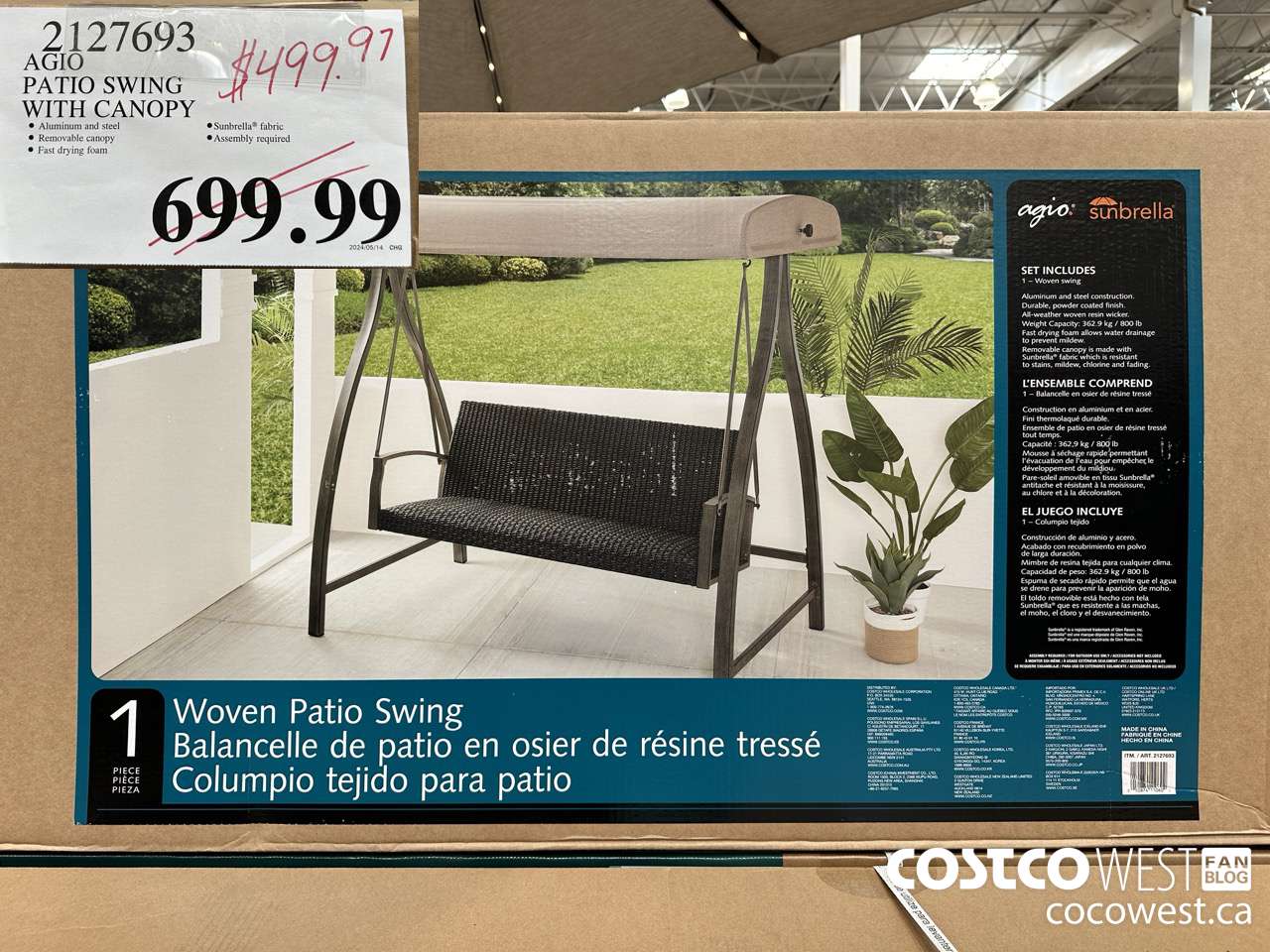 2127693 AGIO PATIO SWING WITH CANOPY $499.97