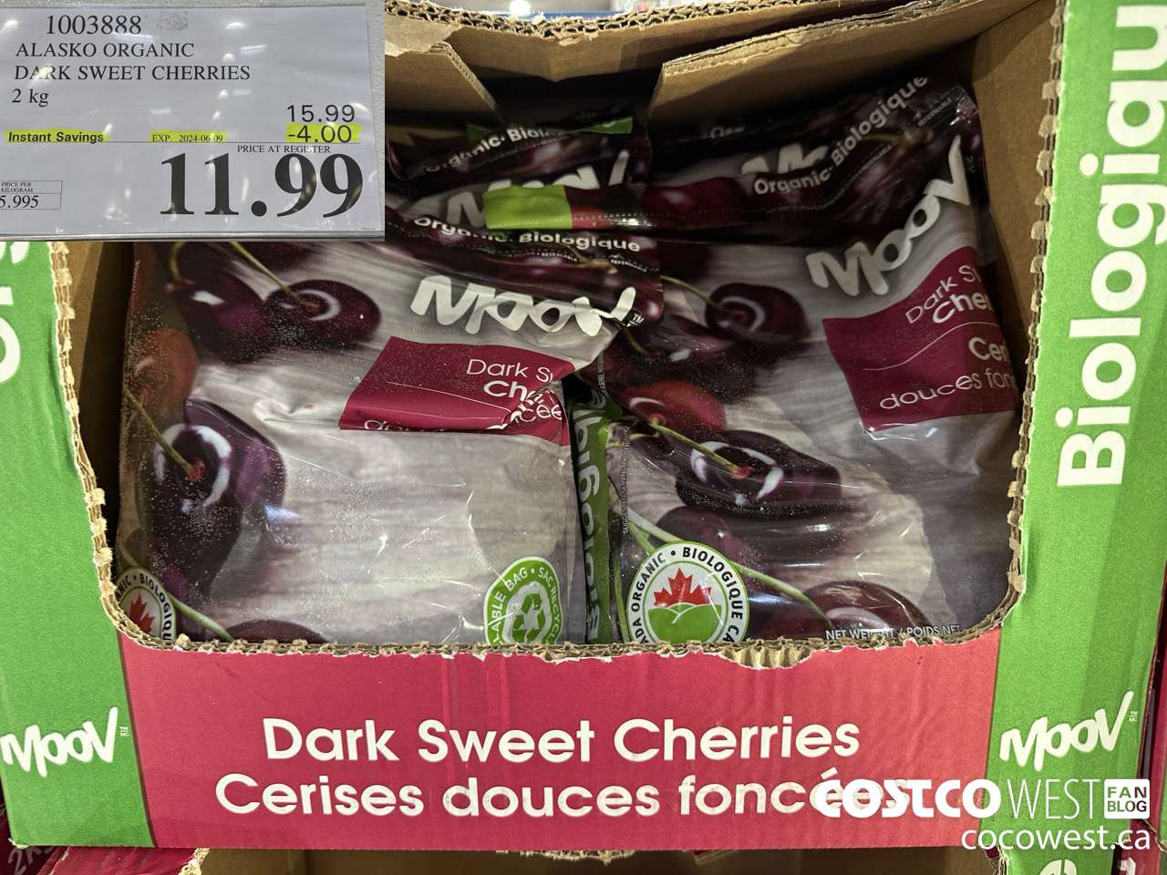 1003888 ALASKO ORGANIC DARK SWEET CHERRIES 2 kg ($4.00 INSTANT SAVINGS EXPIRES ON 2024-06-09) $11.99