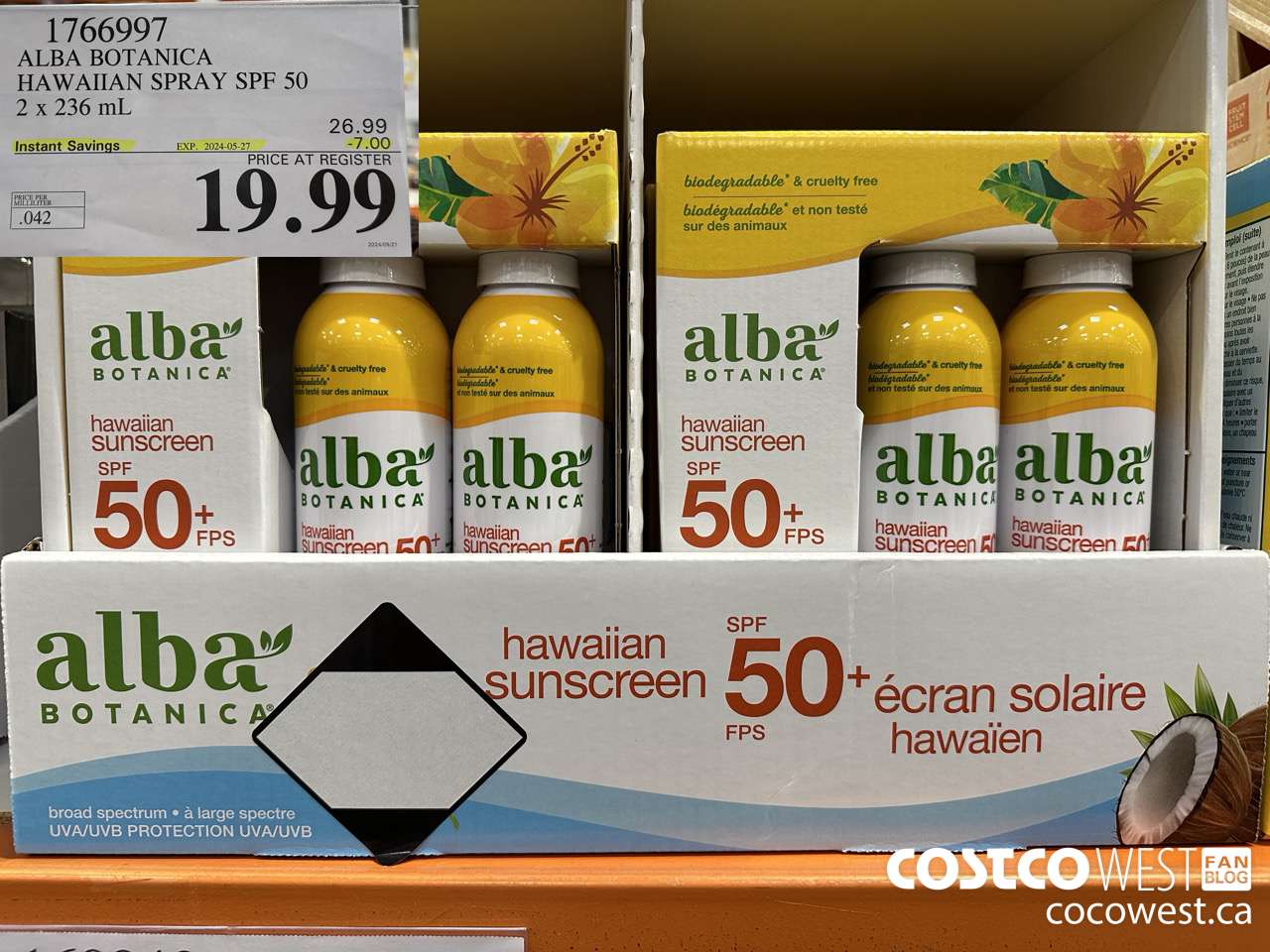 1766997 ALBA BOTANICA HAWAIIAN SPRAY SPF 50 2 X 236 ML ($7.00 INSTANT SAVINGS EXPIRES ON 2024-05-27) $19.99