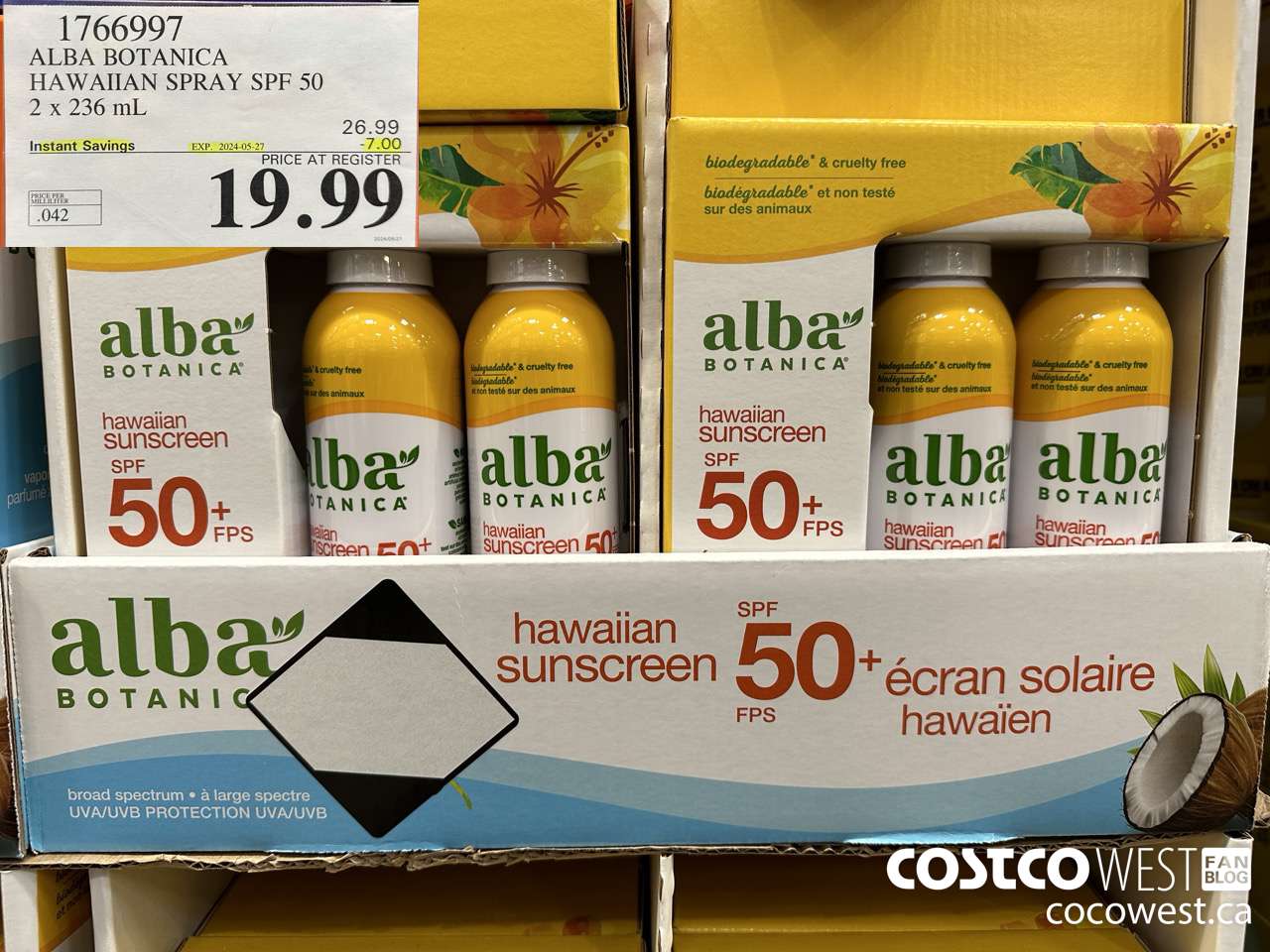1766997 ALBA BOTANICA HAWAIIAN SPRAY SPF 50 2 X 236 ML ($7.00 INSTANT SAVINGS EXPIRES ON 2024-05-27) $19.99