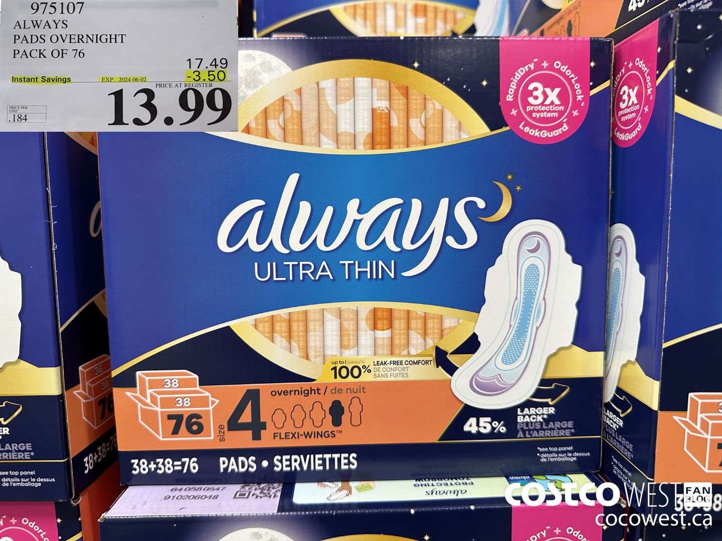 975107 ALWAYS ULTRA THIN PADS OVERNIGHT BOX OF 76 ($3.50 INSTANT SAVINGS EXPIRES ON 2024-06-02) $13.99