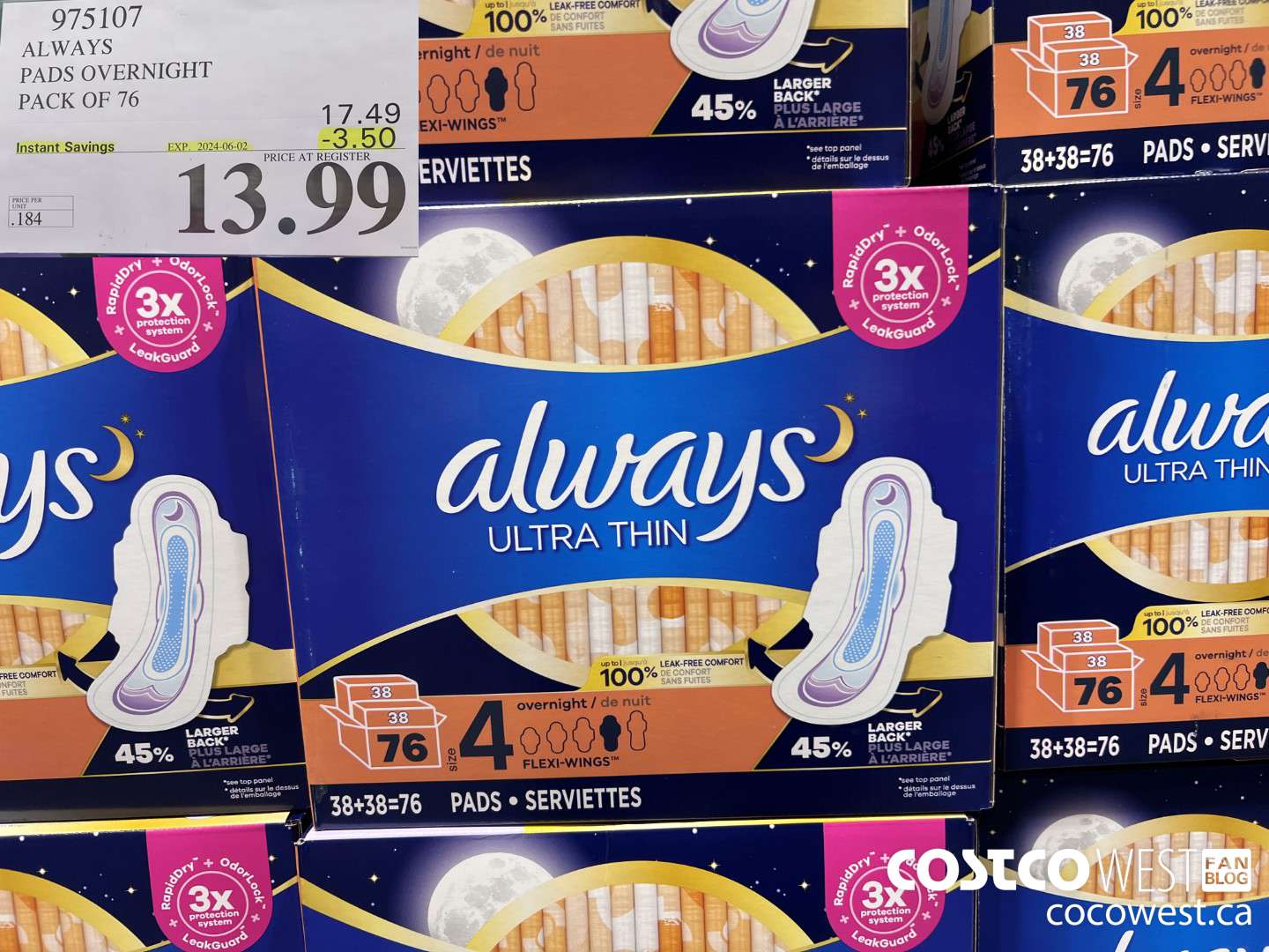 975107 ALWAYS ULTRA THIN PADS OVERNIGHT BOX OF 76 ($3.50 INSTANT SAVINGS EXPIRES ON 2024-06-02) $13.99