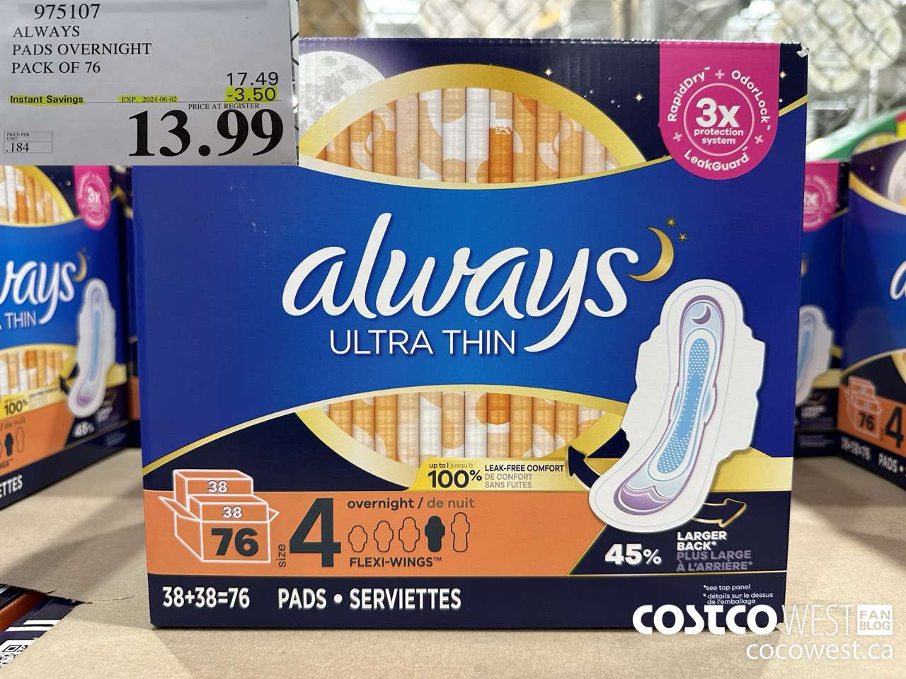 975107 ALWAYS ULTRA THIN PADS OVERNIGHT BOX OF 76 ($3.50 INSTANT SAVINGS EXPIRES ON 2024-06-02) $13.99