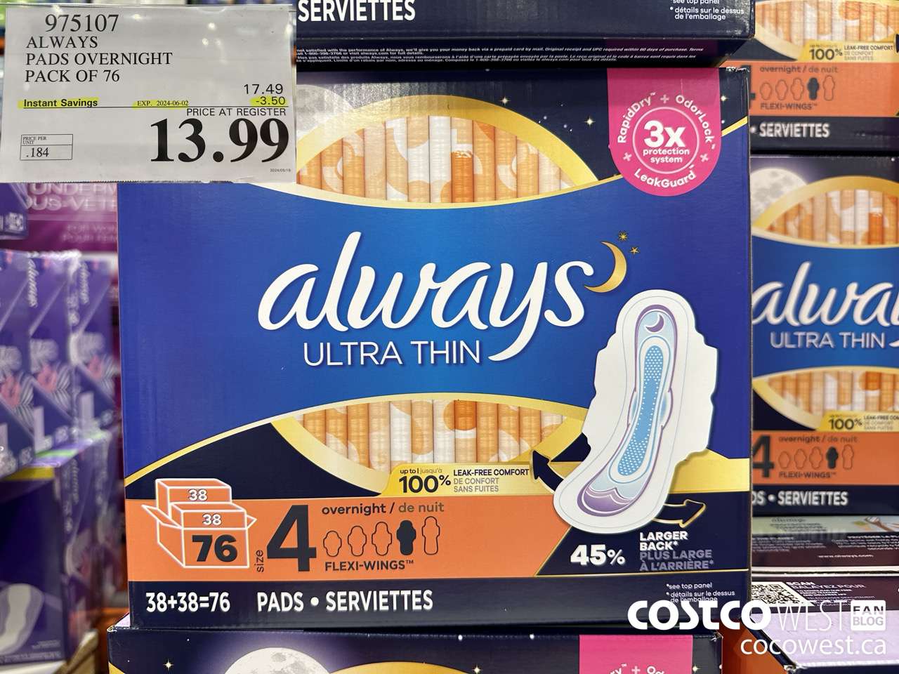 975107 ALWAYS ULTRA THIN PADS OVERNIGHT BOX OF 76 ($3.50 INSTANT SAVINGS EXPIRES ON 2024-06-02) $13.99