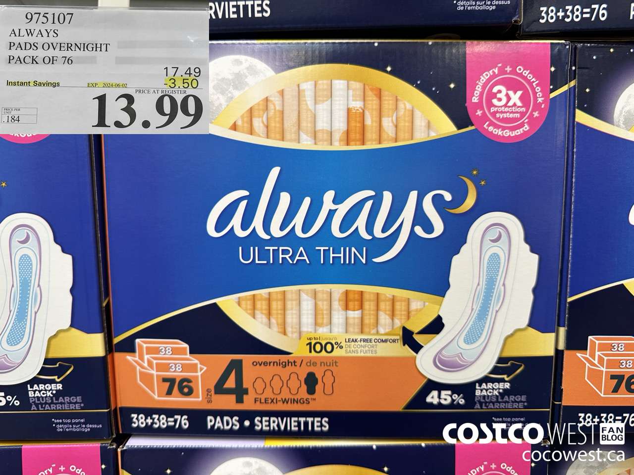 975107 ALWAYS ULTRA THIN PADS OVERNIGHT BOX OF 76 ($3.50 INSTANT SAVINGS EXPIRES ON 2024-06-02) $13.99