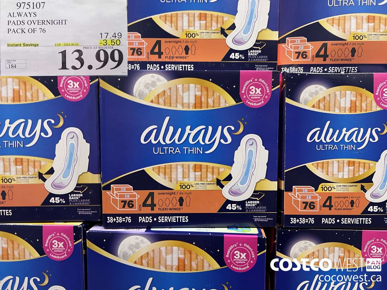 975107 ALWAYS ULTRA THIN PADS OVERNIGHT BOX OF 76 ($3.50 INSTANT SAVINGS EXPIRES ON 2024-06-02) $13.99