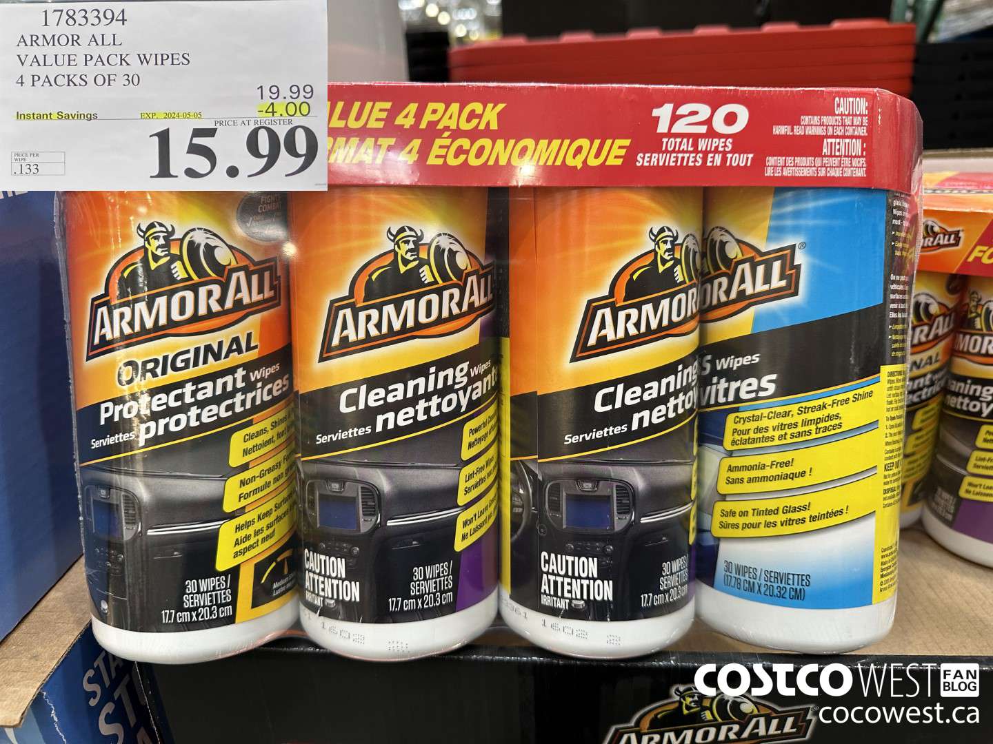 1783394 ARMOR ALL VALUE PACK WIPES 4 PACKS OF 30 ($4.00 INSTANT SAVINGS EXPIRES ON 2024-05-05) $15.99