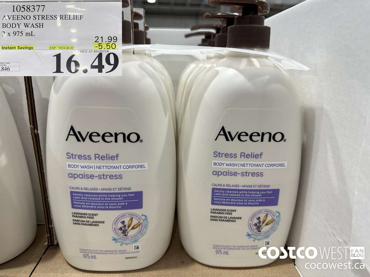 1058377 AVEENO BODY WASH 2 X 975 ML ($5.50 INSTANT SAVINGS EXPIRES ON 2024-06-02) $16.49