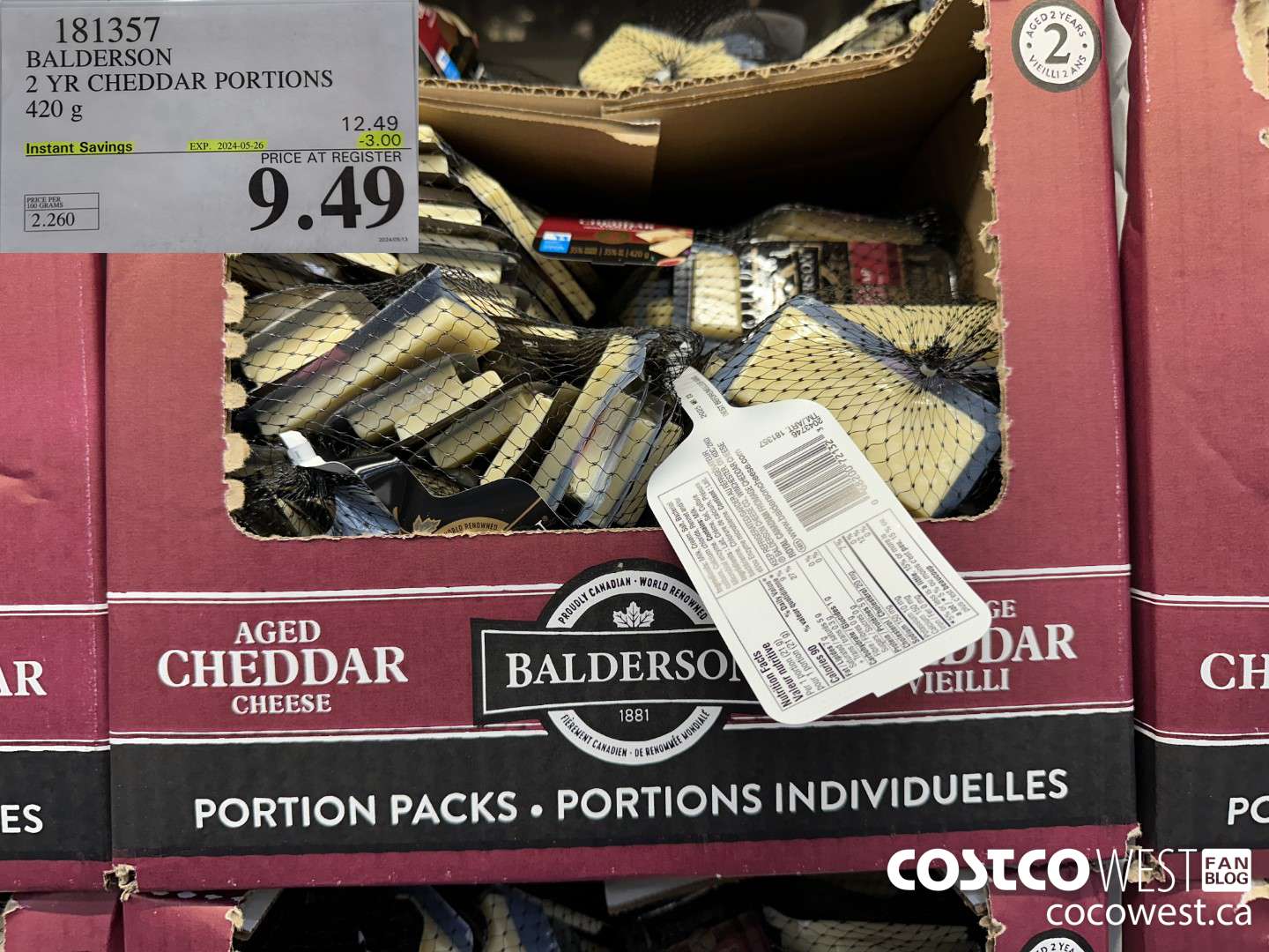 181357 BALDERSON 2 YR CHEDDAR PORTIONS 420G ($3.00 INSTANT SAVINGS EXPIRES ON 2024-05-26) $9.49