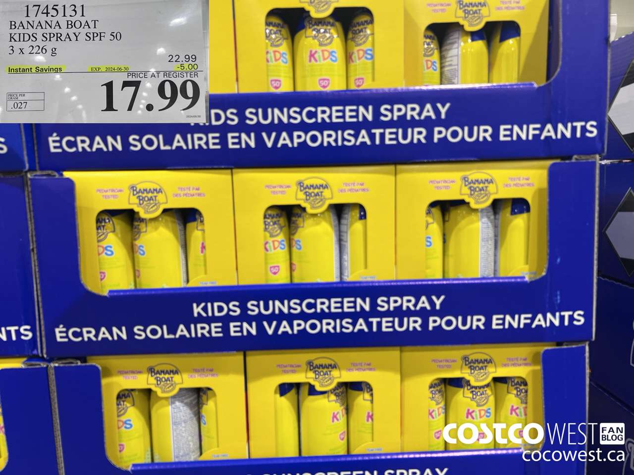 1745131 BANANA BOAT KIDS SPRAY SPF 50 3 X 226 G ($5.00 INSTANT SAVINGS EXPIRES ON 2024-06-30) $17.99