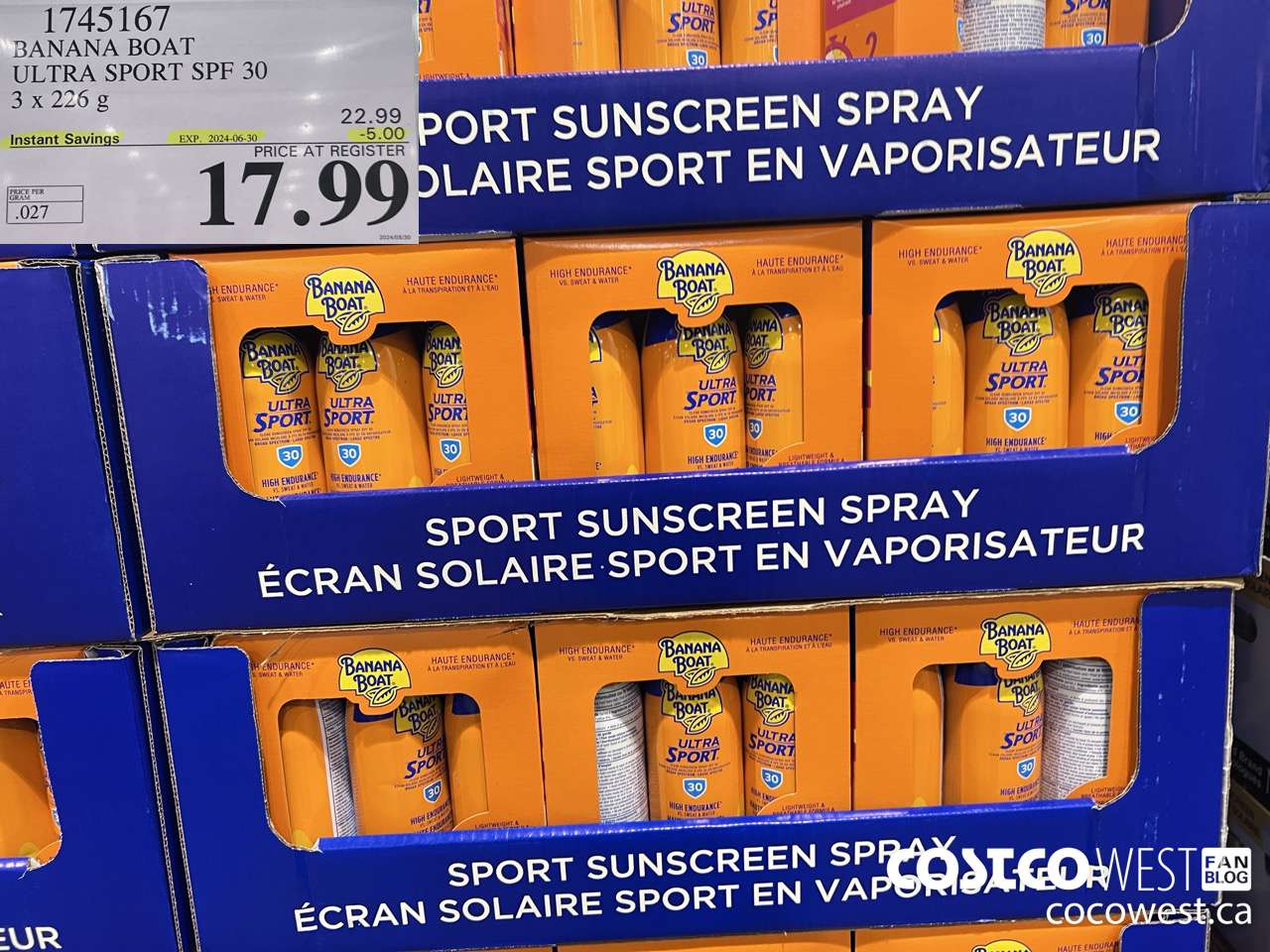 1745167 BANANA BOAT ULTRA SPORT SPF 30 3 X 226 G ($5.00 INSTANT SAVINGS EXPIRES ON 2024-06-30) $17.99