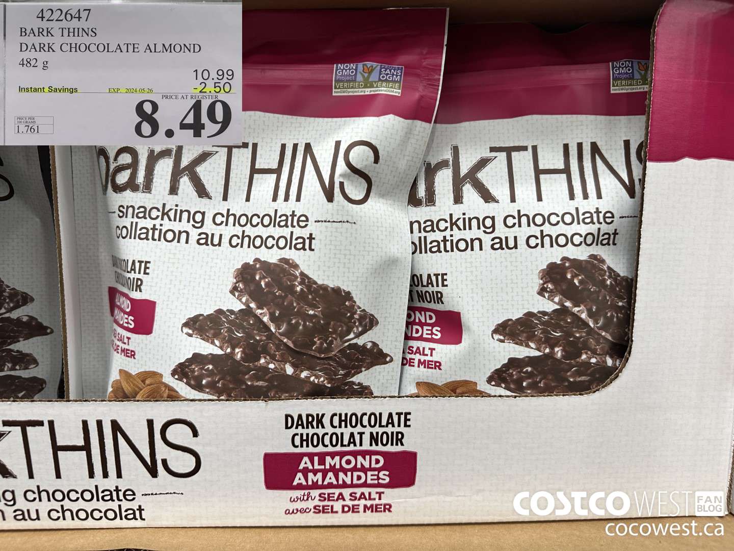 422647 BARK THINS DARK CHOCOLATE ALMOND 482 g ($2.50 INSTANT SAVINGS EXPIRES ON 2024-05-26) $8.49