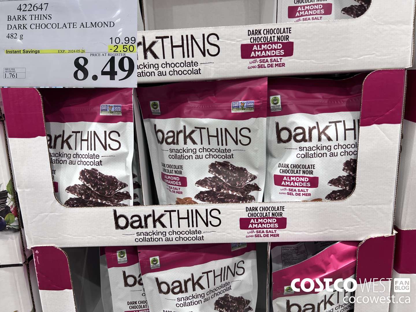 422647 BARK THINS DARK CHOCOLATE ALMOND 482 g ($2.50 INSTANT SAVINGS EXPIRES ON 2024-05-26) $8.49