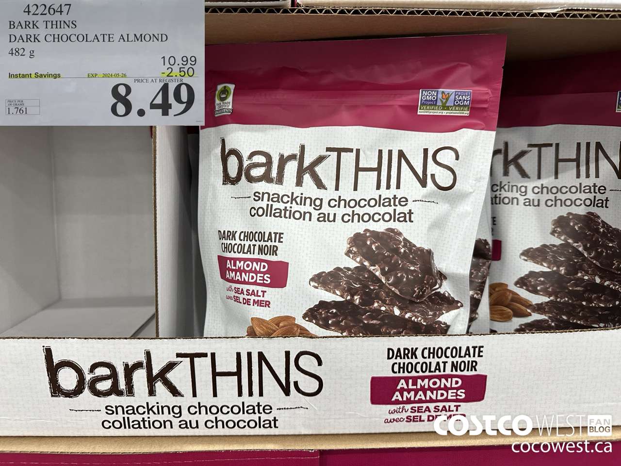 422647 BARK THINS DARK CHOCOLATE ALMOND 482 g ($2.50 INSTANT SAVINGS EXPIRES ON 2024-05-26) $8.49