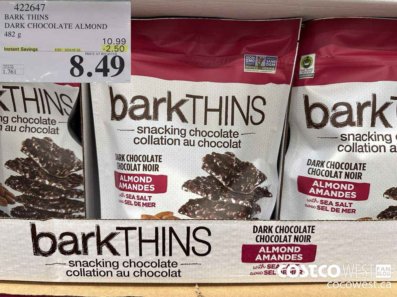 422647 BARK THINS DARK CHOCOLATE ALMOND 482 g ($2.50 INSTANT SAVINGS EXPIRES ON 2024-05-26) $8.49