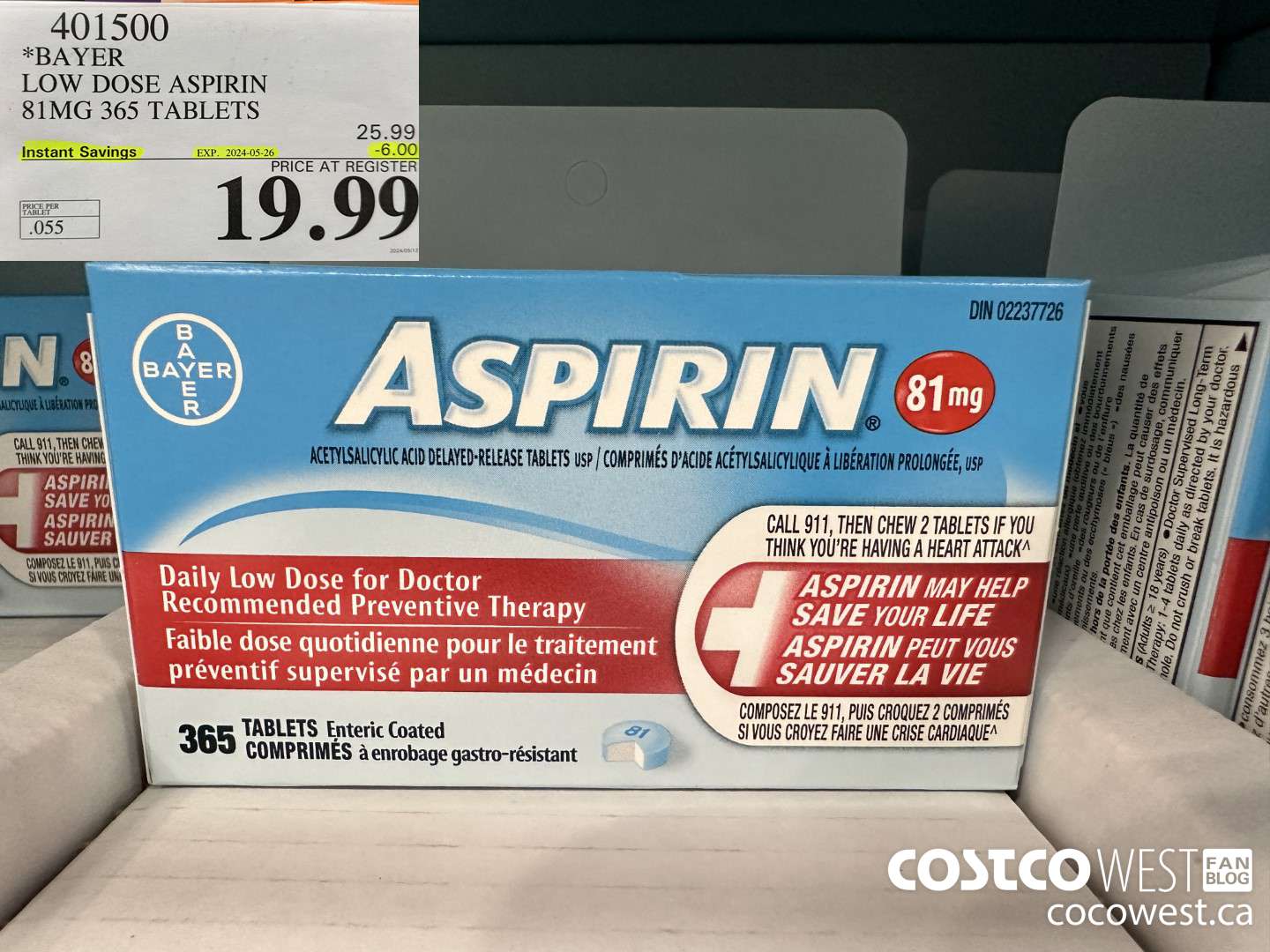 401500 BAYER COATED LOW DOSE ASA 365 81MG TABLETS ($6.00 INSTANT SAVINGS EXPIRES ON 2024-05-26) $19.99