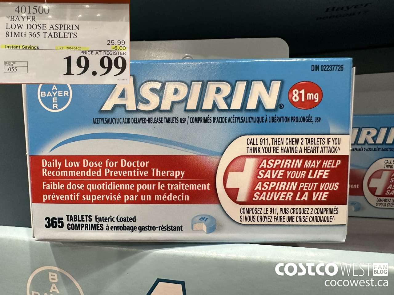 401500 BAYER COATED LOW DOSE ASA 365 81MG TABLETS ($6.00 INSTANT SAVINGS EXPIRES ON 2024-05-26) $19.99
