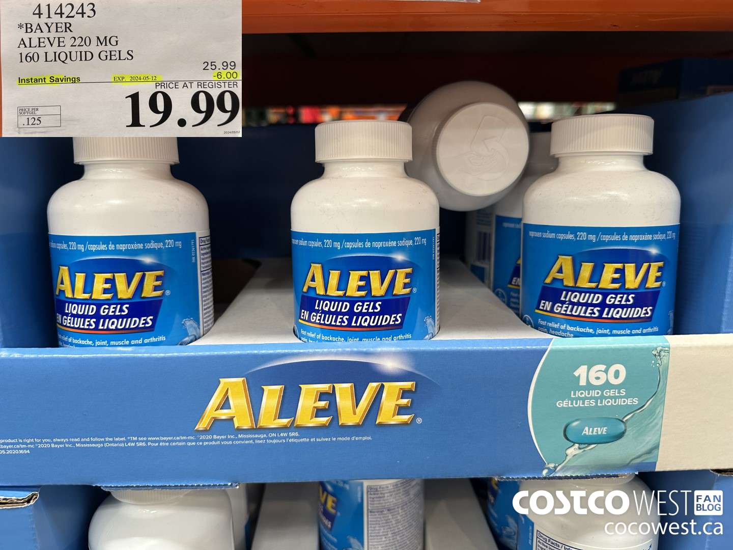 414243 BAYER ALEVE 220 MG 160 LIQUID GELS ($6.00 INSTANT SAVINGS EXPIRES ON 2024-05-12) $19.99