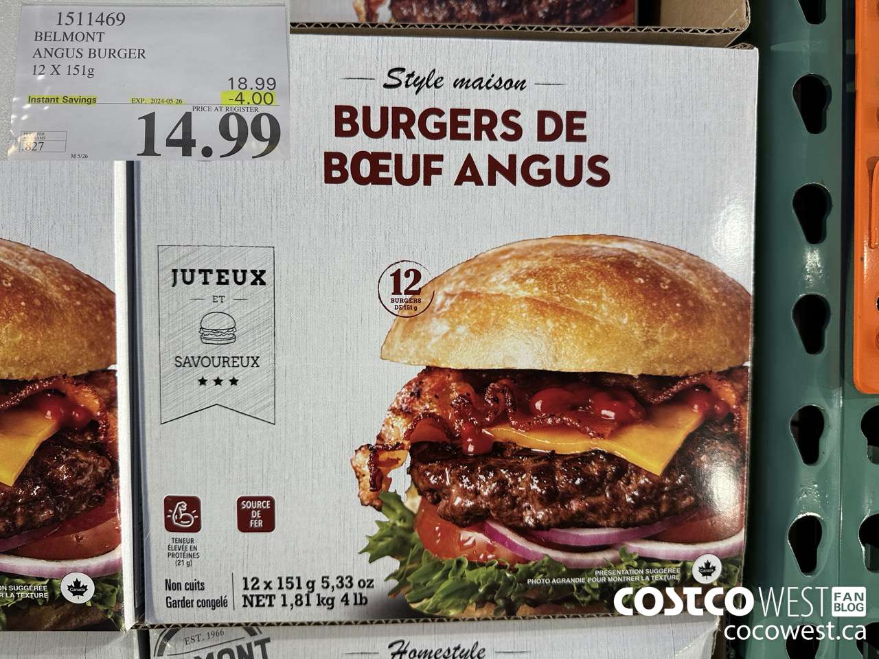 1511469 BELMONT ANGUS BURGER 12 X 151 g ($4.00 INSTANT SAVINGS EXPIRES ON 2024-05-26) $14.99