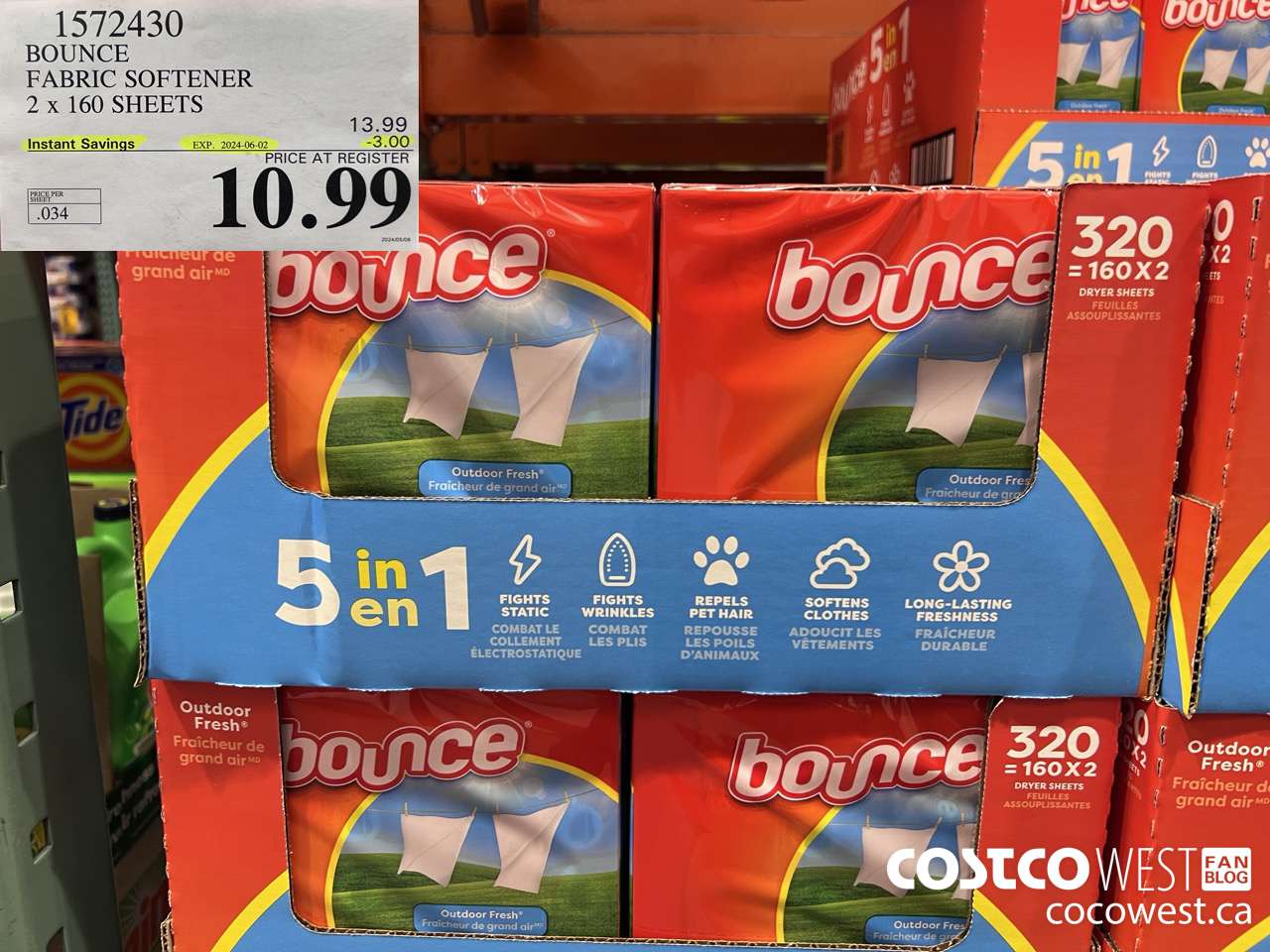 1572430 BOUNCE FABRIC SOFTENER 2 X 160 SHEETS ($3.00 INSTANT SAVINGS EXPIRES ON 2024-06-02) $10.99