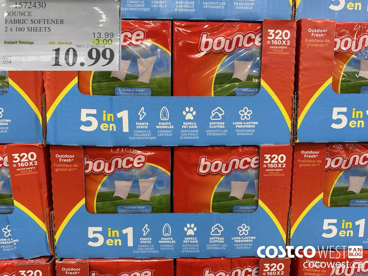 1572430 BOUNCE FABRIC SOFTENER 2 X 160 SHEETS ($3.00 INSTANT SAVINGS EXPIRES ON 2024-06-02) $10.99