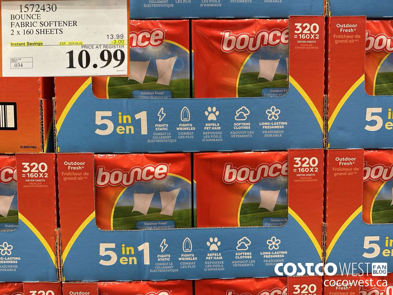 1572430 BOUNCE FABRIC SOFTENER 2 X 160 SHEETS ($3.00 INSTANT SAVINGS EXPIRES ON 2024-06-02) $10.99