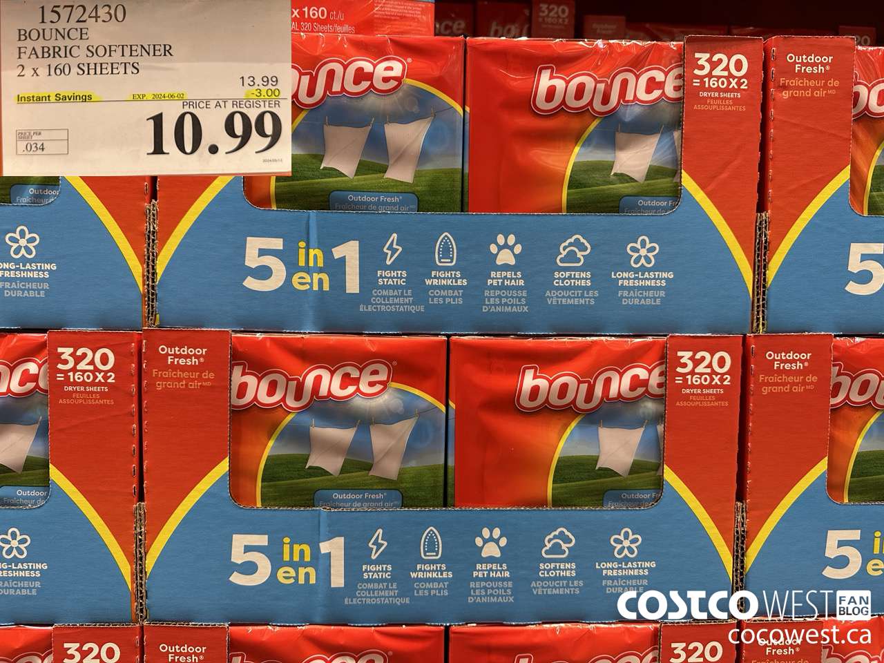1572430 BOUNCE FABRIC SOFTENER 2 X 160 SHEETS ($3.00 INSTANT SAVINGS EXPIRES ON 2024-06-02) $10.99