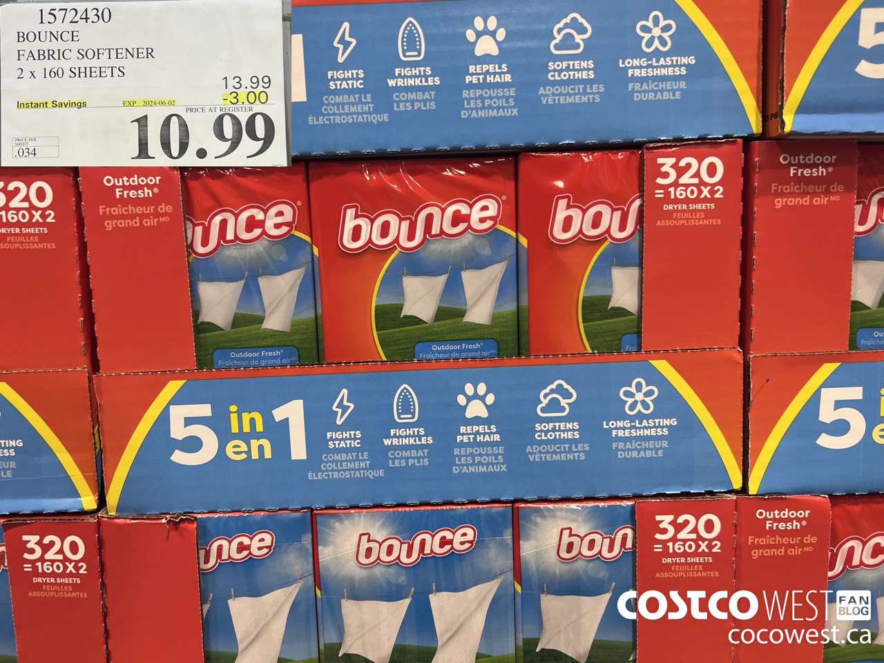 1572430 BOUNCE FABRIC SOFTENER 2 X 160 SHEETS ($3.00 INSTANT SAVINGS EXPIRES ON 2024-06-02) $10.99