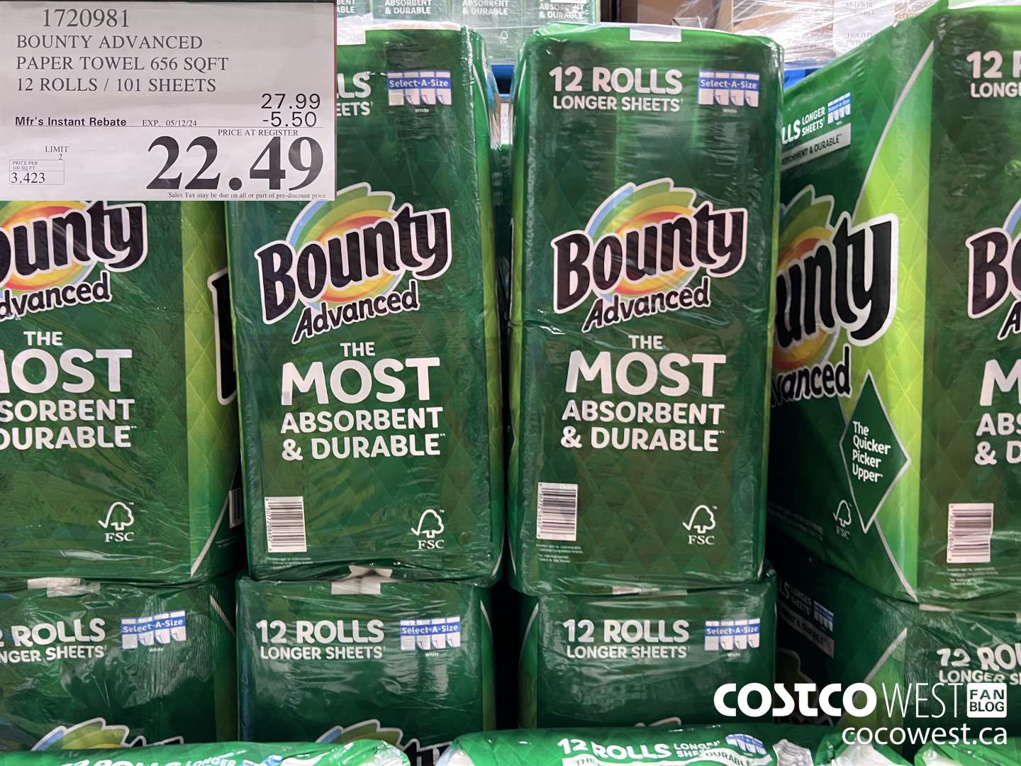 1720981 BOUNTY ADVANCED PAPER TOWEL 656 SQFT 12 ROLLS / 101 SHEETS ($5.50 INSTANT SAVINGS EXPIRES ON 2024-05-12) $22.49