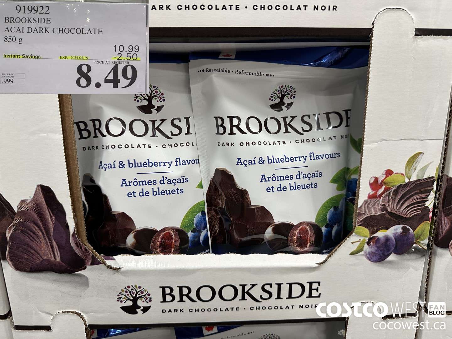 919922 BROOKSIDE ACAI DARK CHOCOLATE 850 g ($2.50 INSTANT SAVINGS EXPIRES ON 2024-05-19) $8.49