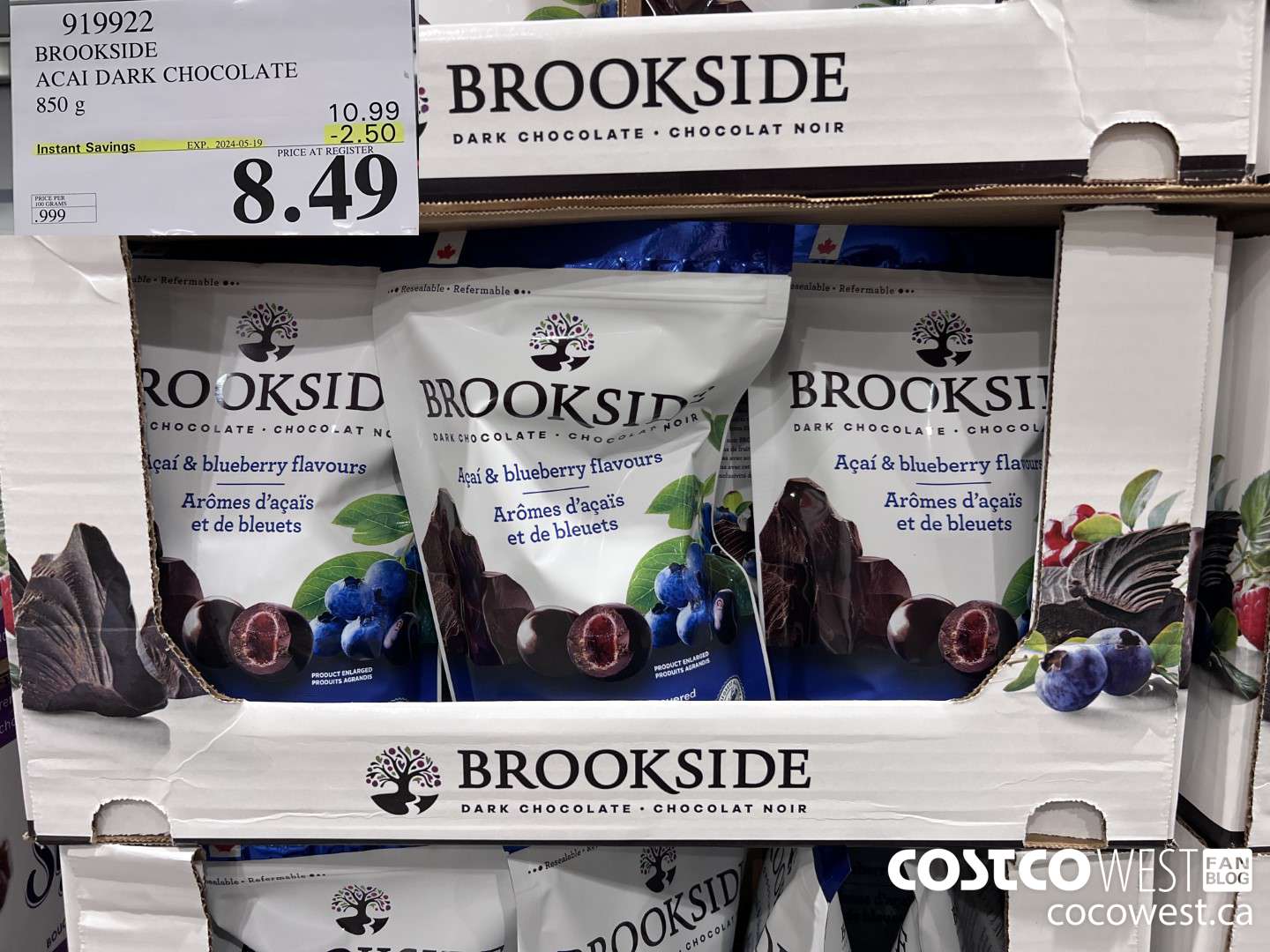 919922 BROOKSIDE ACAI DARK CHOCOLATE 850 g ($2.50 INSTANT SAVINGS EXPIRES ON 2024-05-19) $8.49