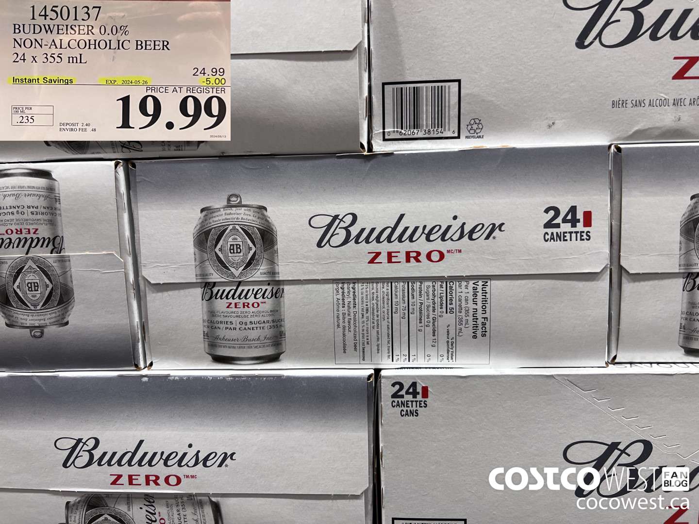 1450137 BUDWEISER 0.0% 24 x 355 mL ($5.00 INSTANT SAVINGS EXPIRES ON 2024-05-26) $19.99