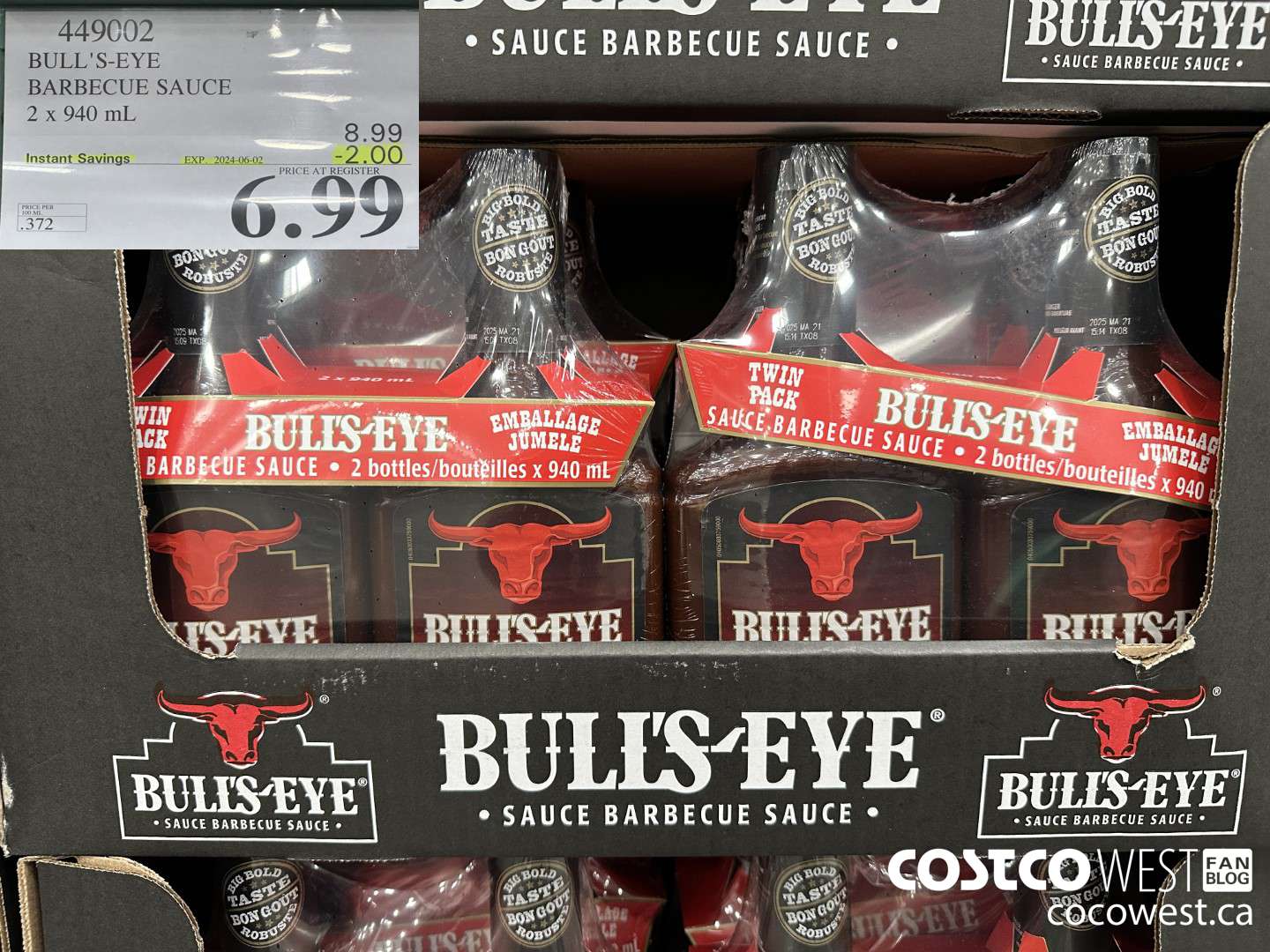 449002 BULLSEYE ORIGINAL BARBECUE SAUCE 2 X 940ML ($2.00 INSTANT SAVINGS EXPIRES ON 2024-06-02) $6.99