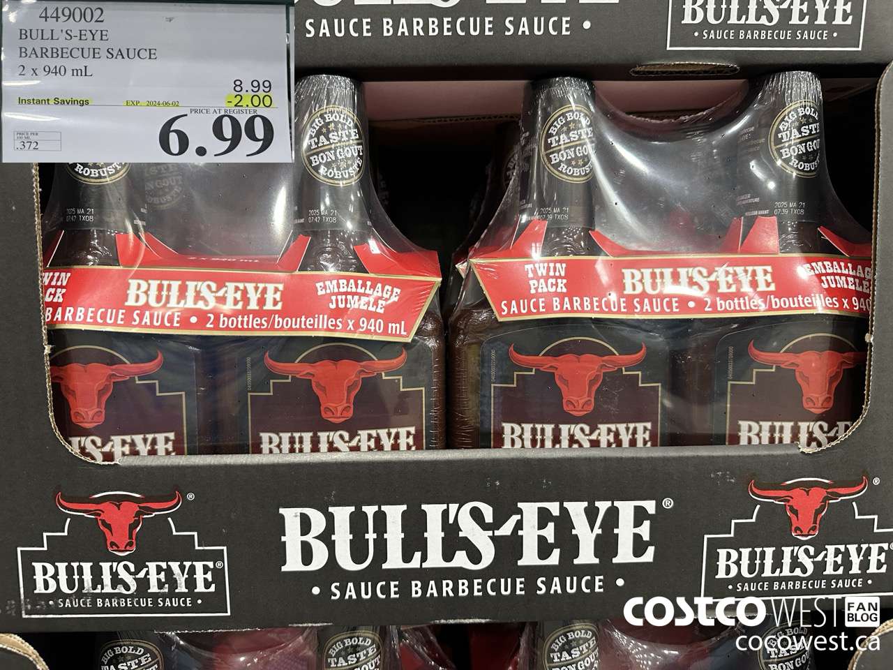 449002 BULLSEYE ORIGINAL BARBECUE SAUCE 2 X 940ML ($2.00 INSTANT SAVINGS EXPIRES ON 2024-06-02) $6.99