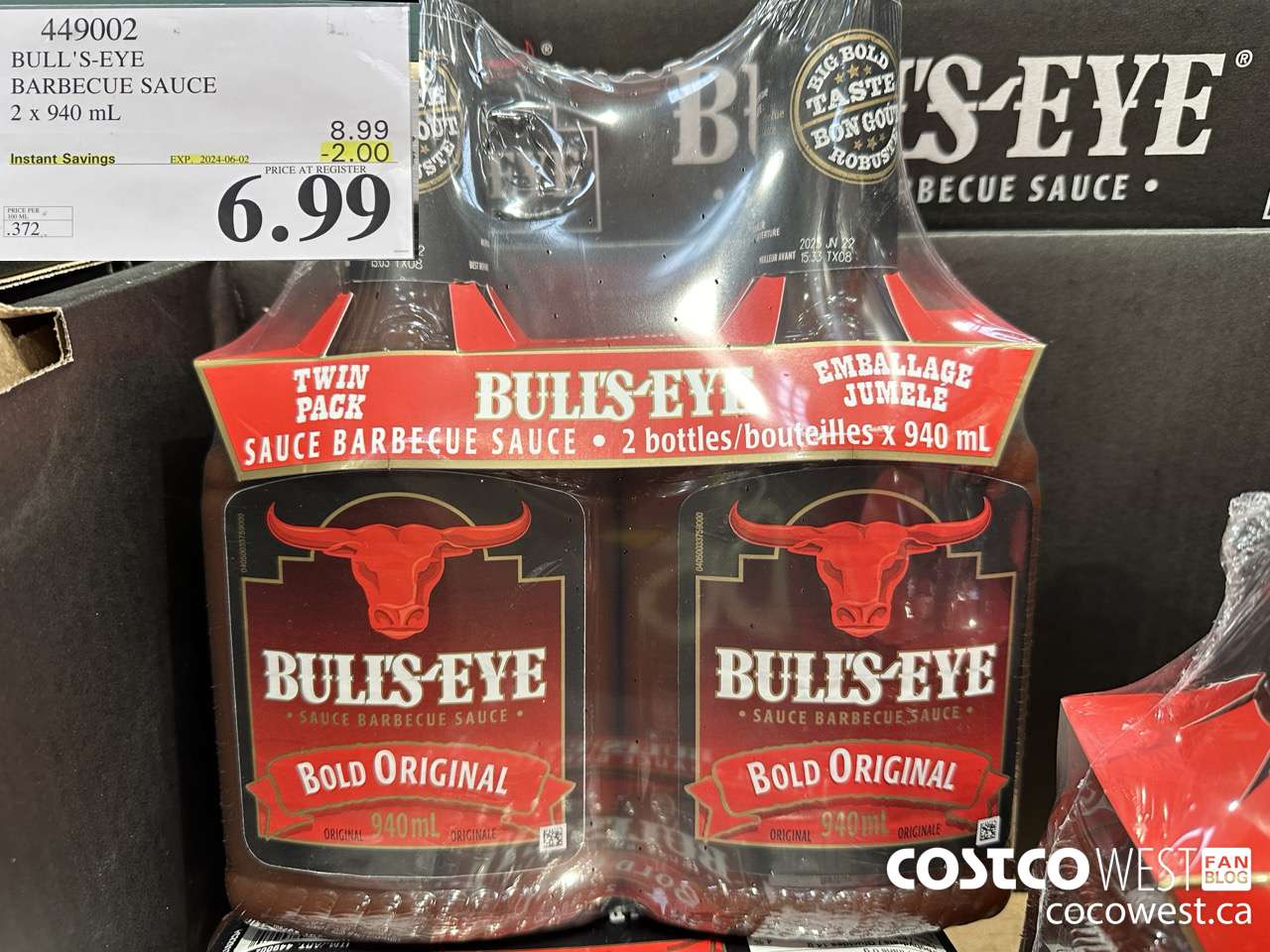 449002 BULLSEYE ORIGINAL BARBECUE SAUCE 2 X 940ML ($2.00 INSTANT SAVINGS EXPIRES ON 2024-06-02) $6.99