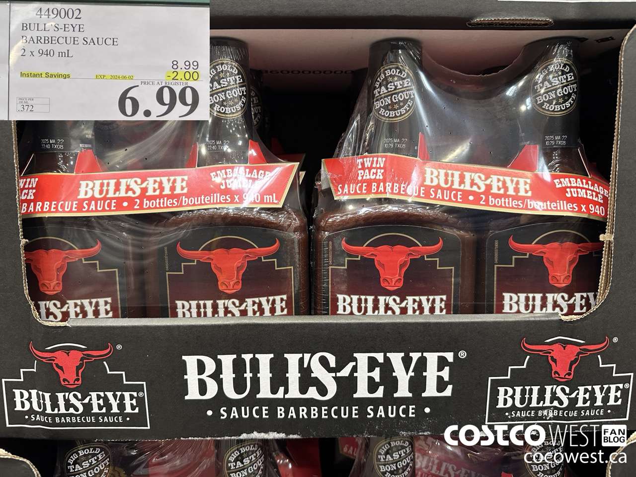 449002 BULLSEYE ORIGINAL BARBECUE SAUCE 2 X 940ML ($2.00 INSTANT SAVINGS EXPIRES ON 2024-06-02) $6.99