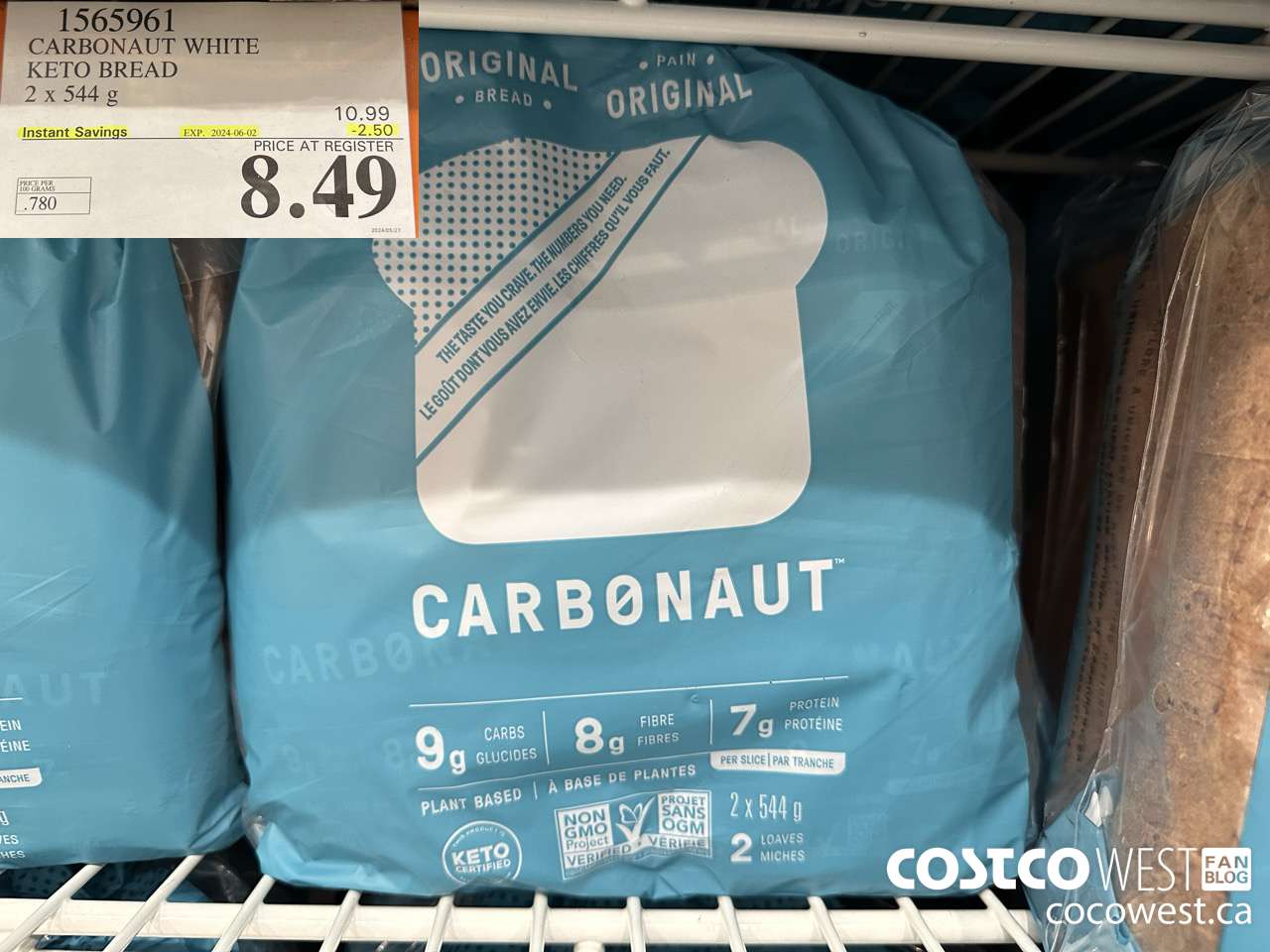 1565961 CARBONAUT WHITE KETO BREAD 2 x 544 g ($2.50 INSTANT SAVINGS EXPIRES ON 2024-06-02) $8.49
