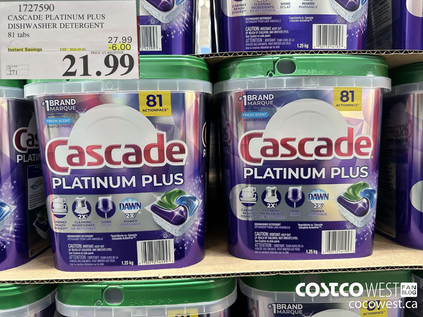 1727590 CASCADE PLATINUM PLUS DISHWASHER DETERGENT 81 TABS ($6.00 INSTANT SAVINGS EXPIRES ON 2024-05-05) $21.99