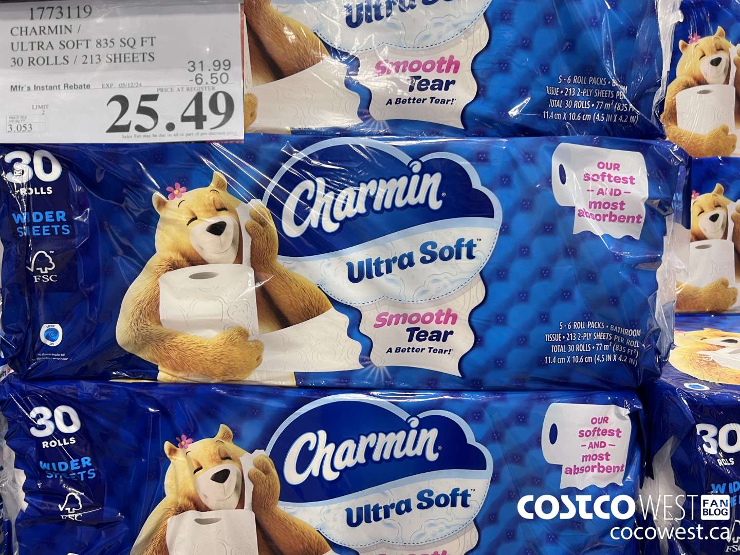 1773119 CHARMIN / ULTRA SOFT 835 SQ FT 30 ROLLS / 213 SHEETS ($6.50 INSTANT SAVINGS EXPIRES ON 2024-05-12) $25.49