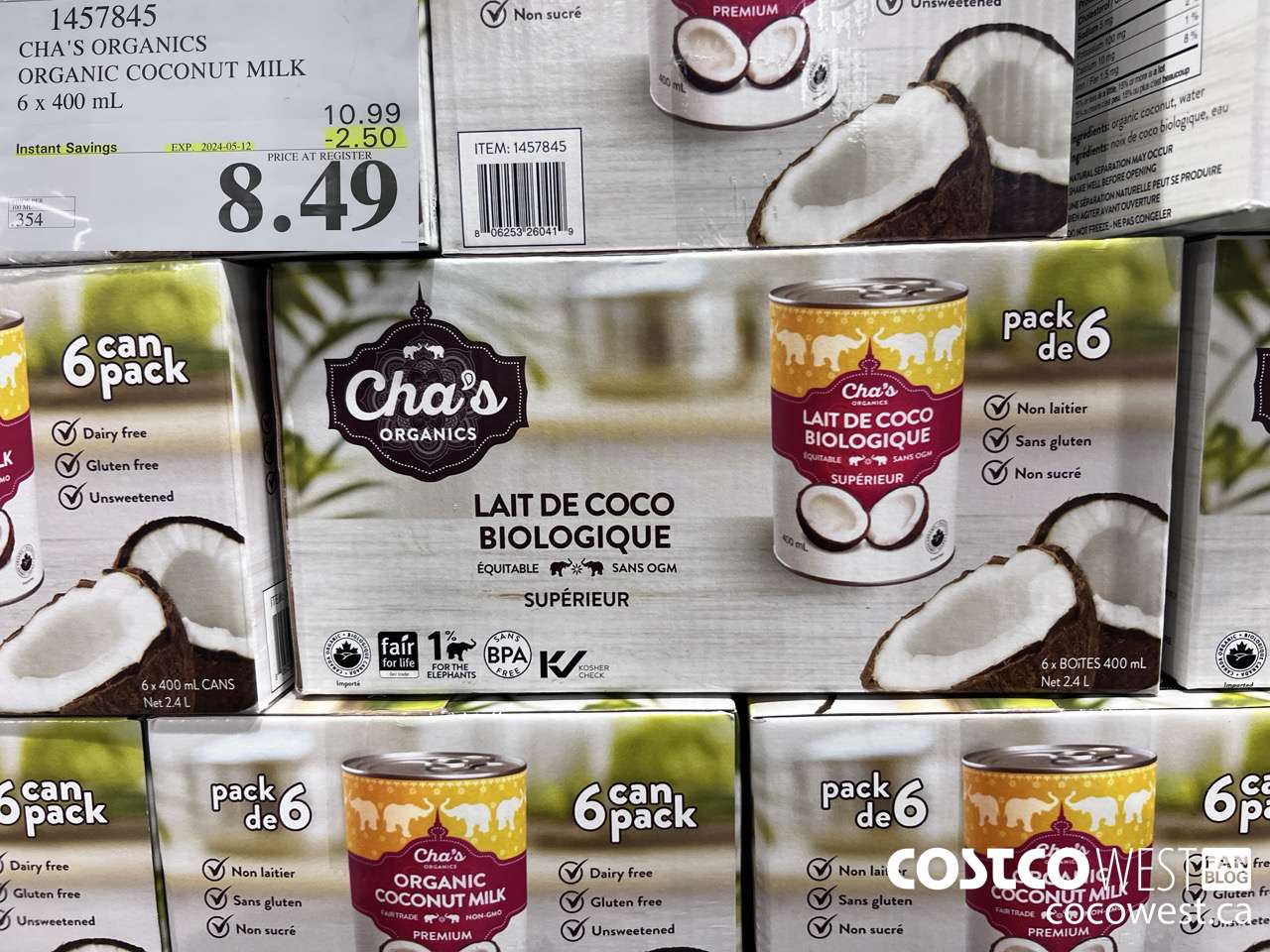 1457845 CHA'S ORGANICS ORGANIC COCONUT MILK 6 x 400 ml ($2.50 INSTANT SAVINGS EXPIRES ON 2024-05-12) $8.49