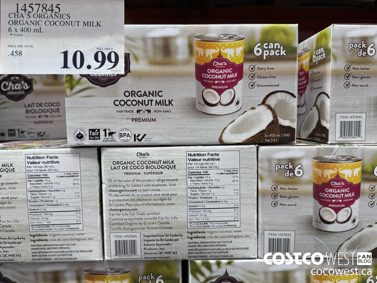 1457845 CHA'S ORGANICS ORGANIC COCONUT MILK 6 x 400 ml $10.99