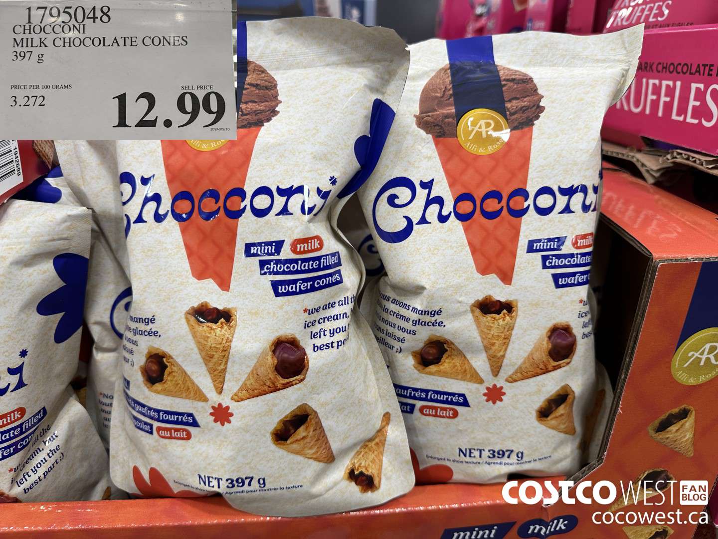 1795048 CHOCCONI MILK CHOCOLATE CONES 397G $12.99