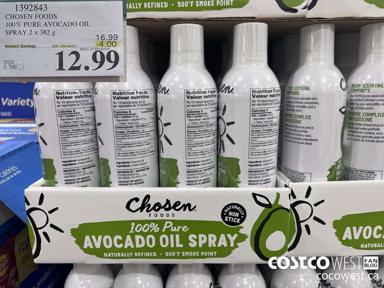 1392843 CHOSEN FOODS 100% PURE AVOCADO OIL SPRAY 2 x 382 g ($4.00 INSTANT SAVINGS EXPIRES ON 2024-06-02) $12.99