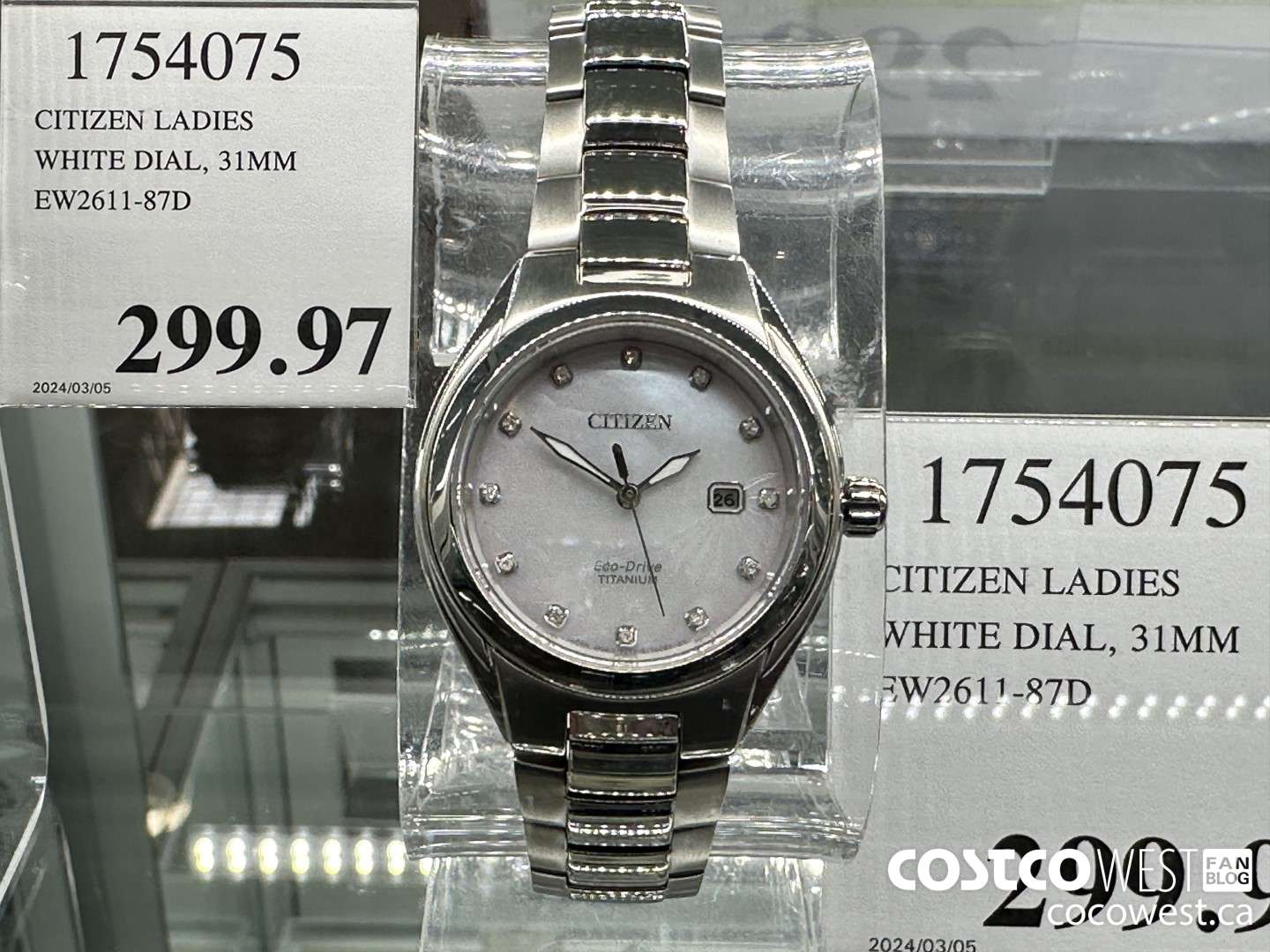 1754075 CITIZEN LADIES WHITE DIAL 31MM EW2611-87D $299.97