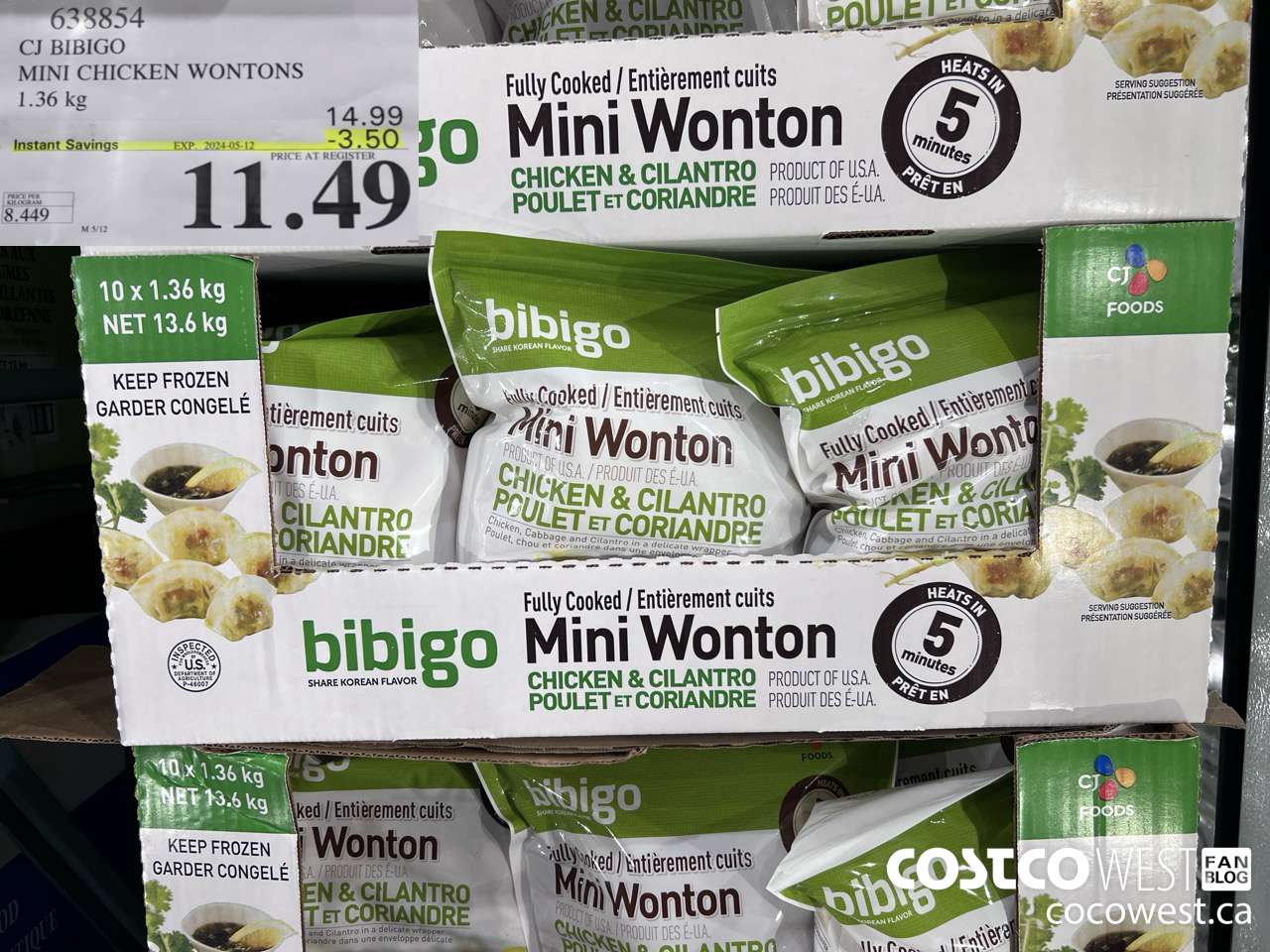 628854 CJ BIBIGO MINI CHICKEN WONTONS 1.36 KG ($3.50 INSTANT SAVINGS EXPIRES ON 2024-05-12) $11.49