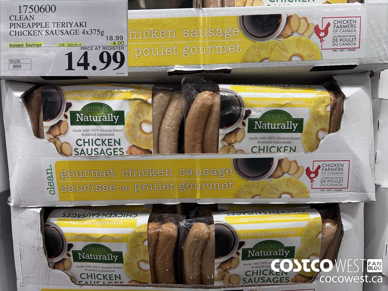 1750600 CLEAN PINEAPPLE TERIYAKI CHICKEN SAUSAGE 4x375g ($4.00 INSTANT SAVINGS EXPIRES ON 2024-06-16) $14.99